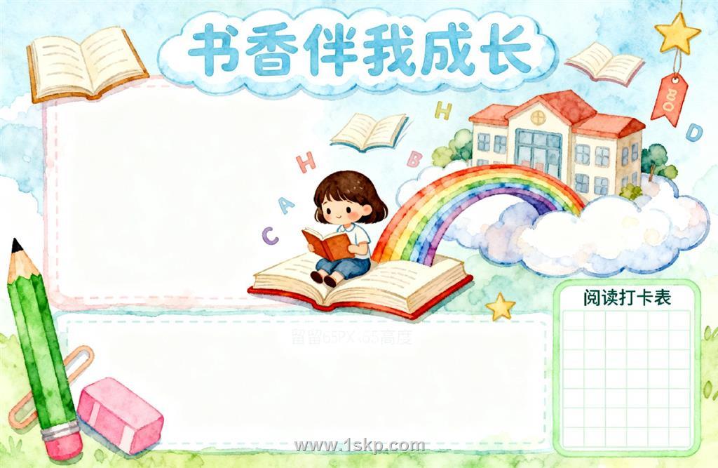手抄报：书香伴我成长 手抄报版式设计JPG模板