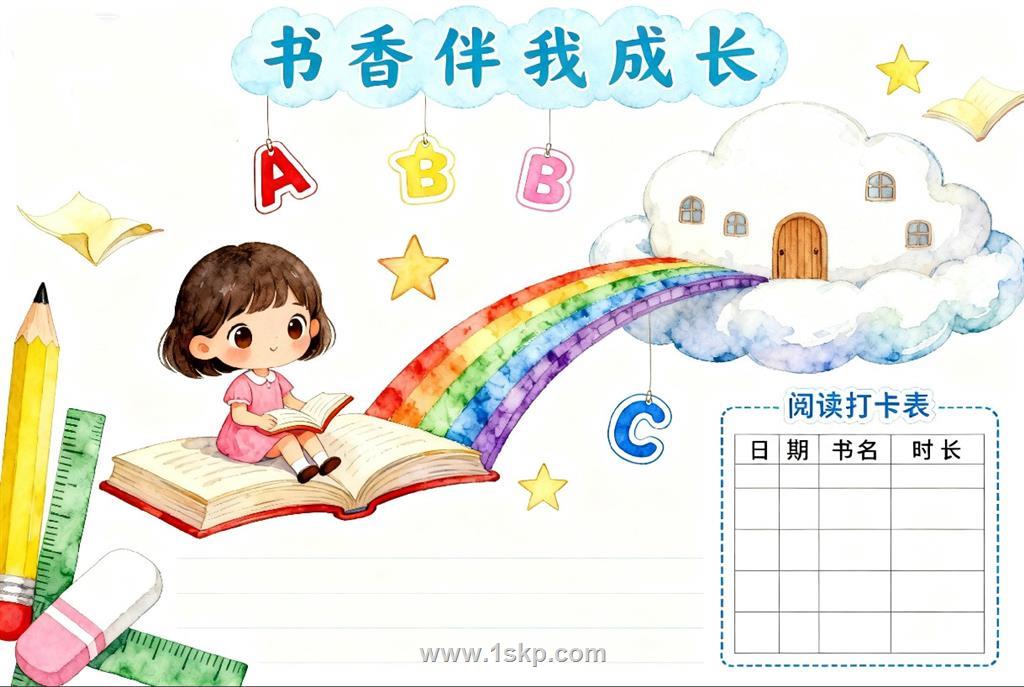 手抄报：卡通女孩书本的书香伴我成长 手抄报版式设计JPG模板