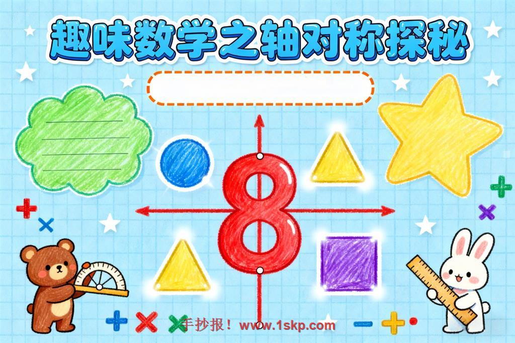 趣味数学卡通手绘轴对称小报手抄报 手抄报版式设计JPG模板