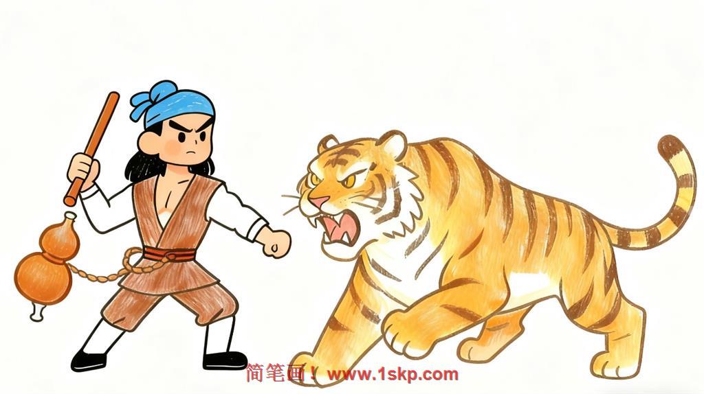 简笔画:水浒传武松打老虎 简笔画JPG格式图片素材