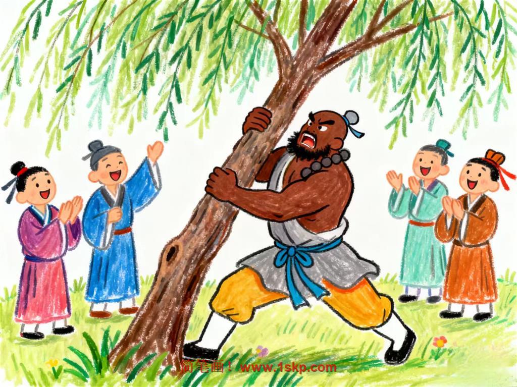 简笔画:水浒传鲁智深倒拔杨柳树 简笔画JPG格式图片素材