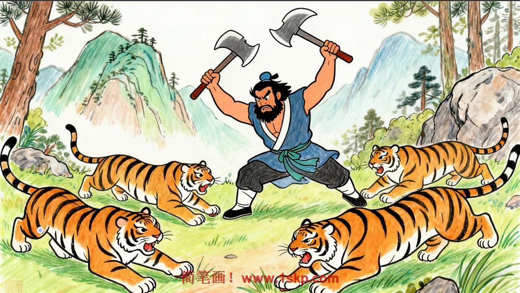 简笔画:黑旋风李逵沂岭杀四虎 简笔画JPG格式图片素材