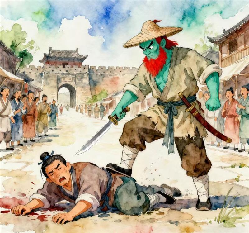 水彩画:水浒杨志卖宝刀遇到无赖 简笔画JPG格式图片素材