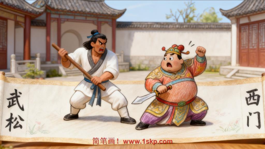 简笔画:Q版武松斗西门庆 简笔画JPG格式图片素材