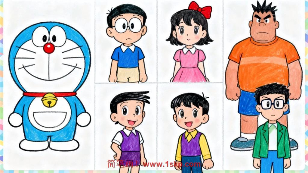 简笔画:六宫格哆啦A梦人物集合 简笔画JPG格式图片素材