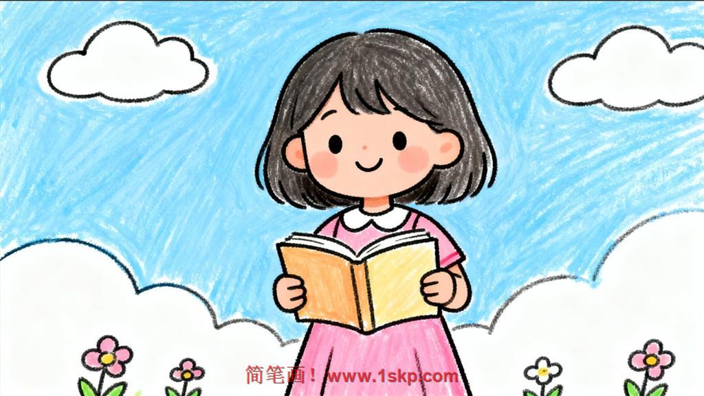 简笔画:卡通女孩沉浸读书 简笔画JPG格式图片素材