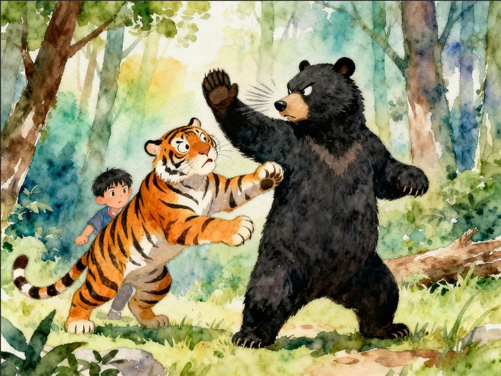 简笔画:老虎偷袭黑熊,反挨一巴掌 简笔画JPG格式图片素材