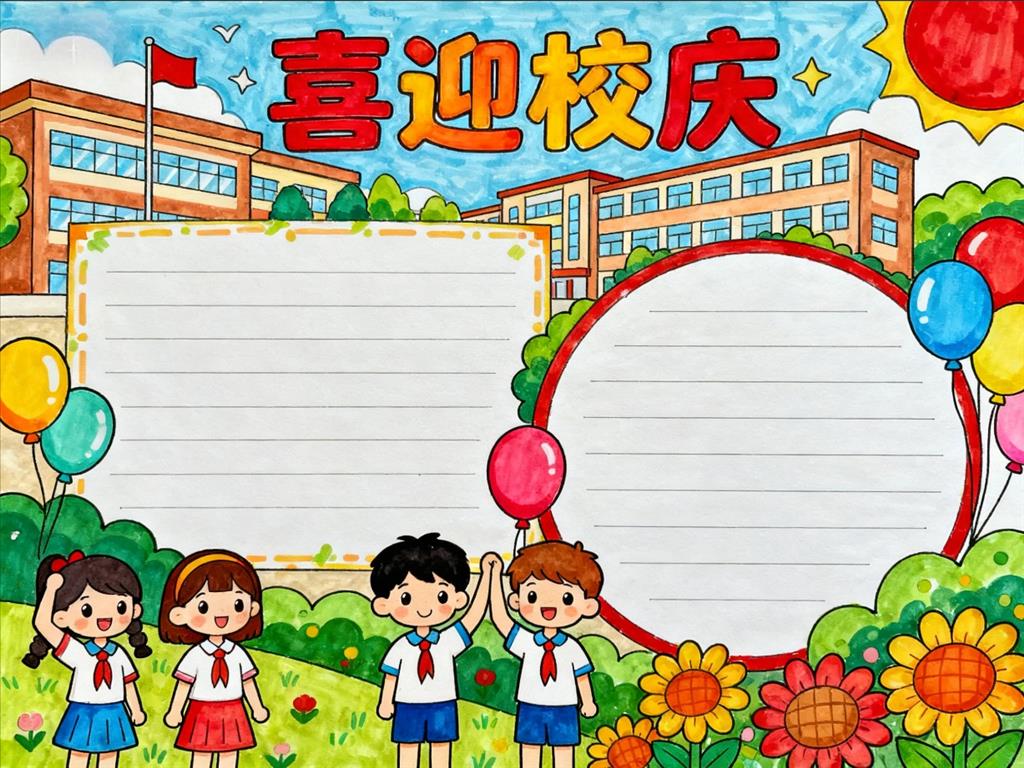 手抄报:卡通喜迎校庆小报手 手抄报版式设计JPG模板