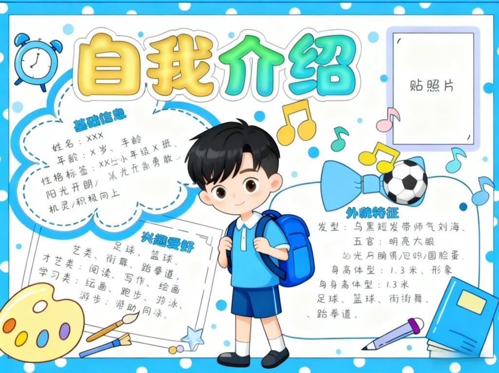 手抄报:小学生幼儿园自我介绍小报 手抄报版式设计JPG模板