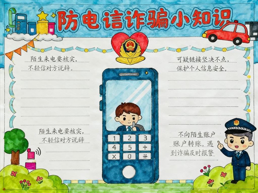 手抄报:卡通防电信诈骗小知识 手抄报版式设计JPG模板