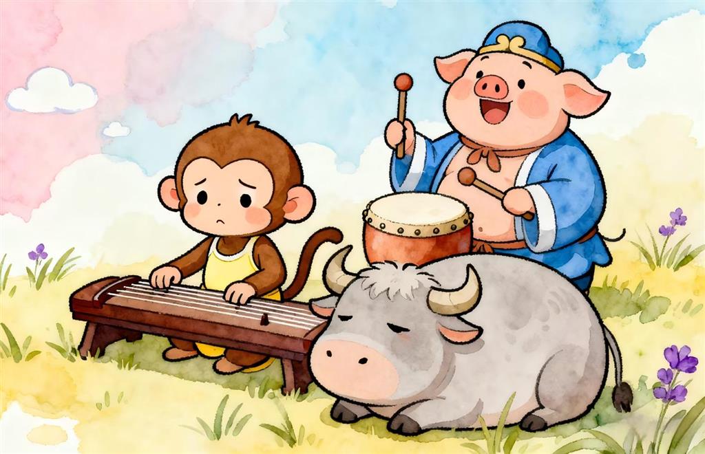 简笔画:对牛弹琴 简笔画JPG格式图片素材