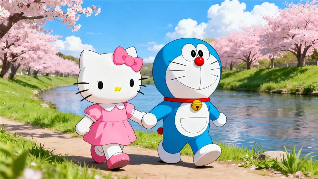 简笔画:小多啦和凯蒂猫开心的一天 简笔画JPG格式图片素材