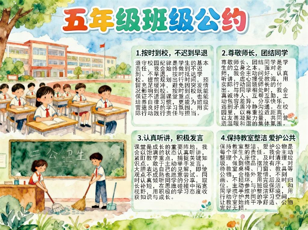 手抄报:五年级班级公约手抄报 手抄报版式设计JPG模板