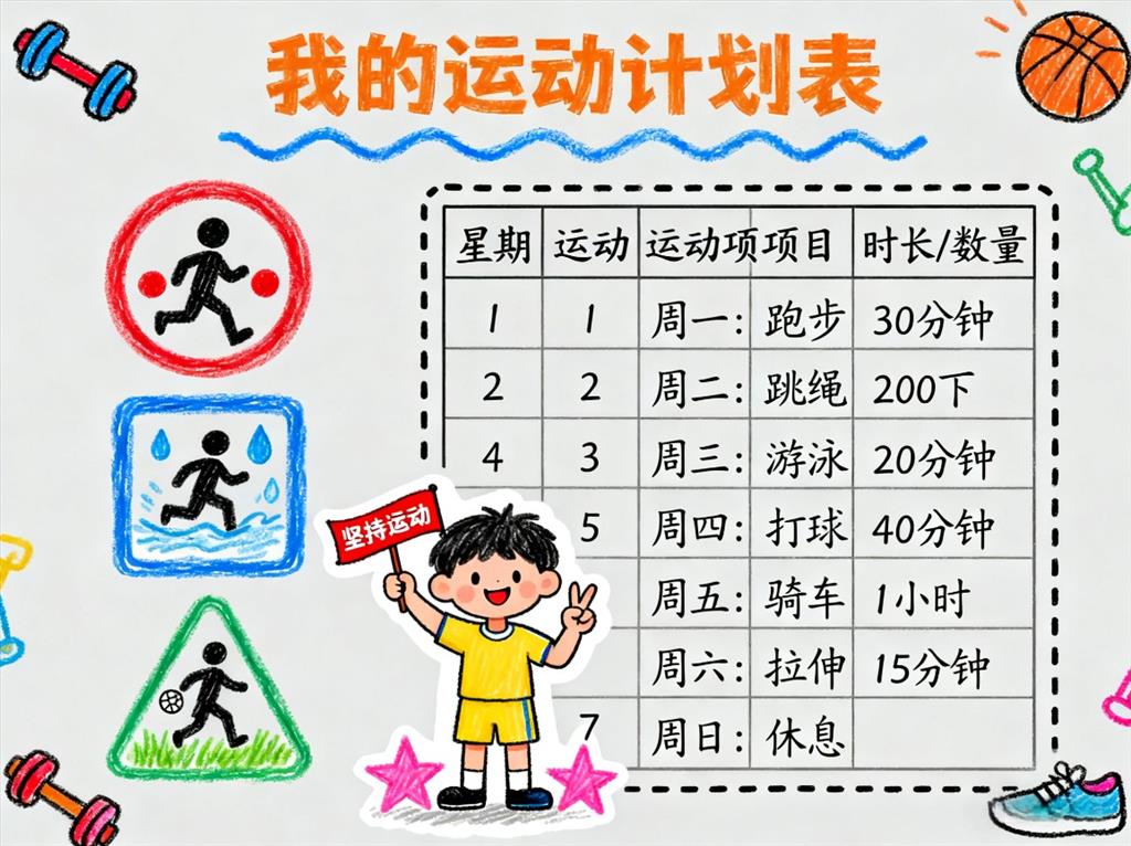 手抄报:卡通运动计划表 手抄报版式设计JPG模板