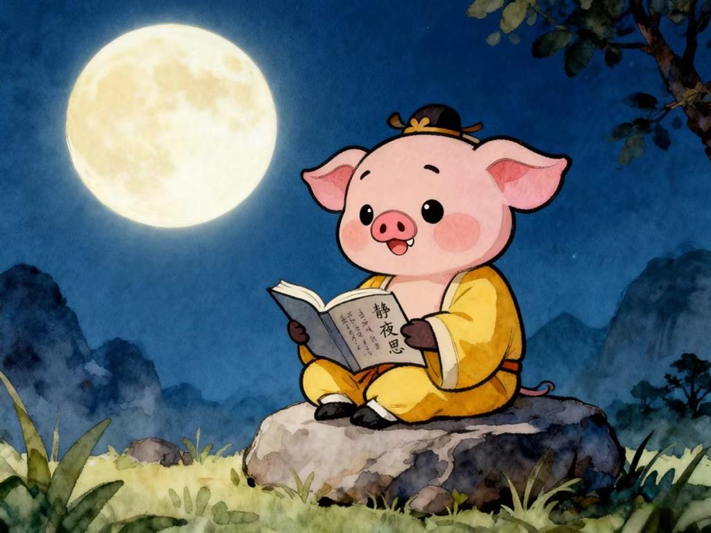 水彩画:古诗猪八戒读《静夜思》 水彩画高清JPG图片素材