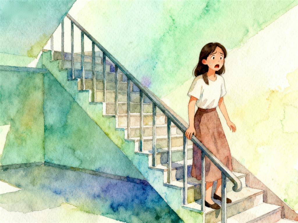 水彩画:女子遇反向折叠楼梯吓出一身冷汗 水彩画高清JPG图片素材