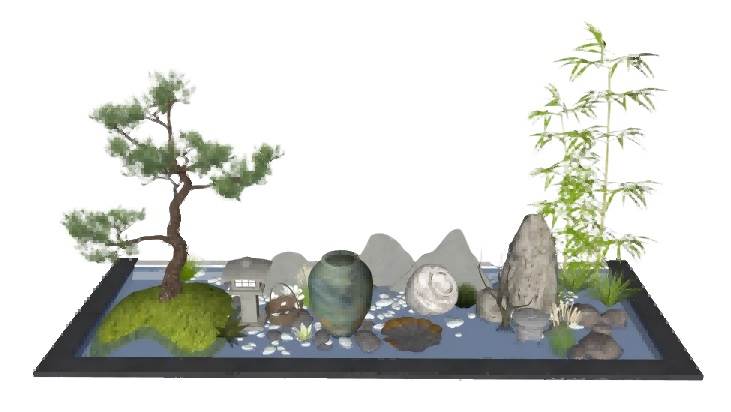 日式庭院景观陶罐迎客松su模型 SU模型免费下载_sketchup模型