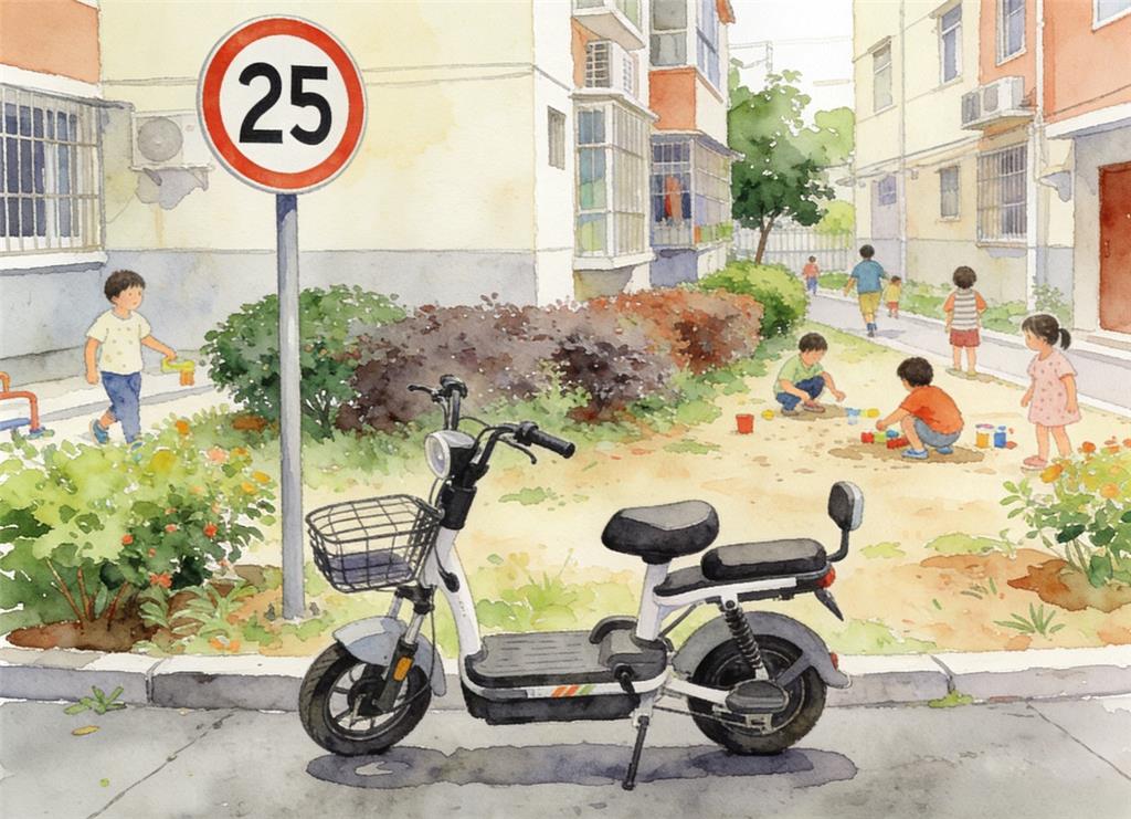 水彩画:电动自行车为何限定时速25公里？ 水彩画高清JPG图片素材