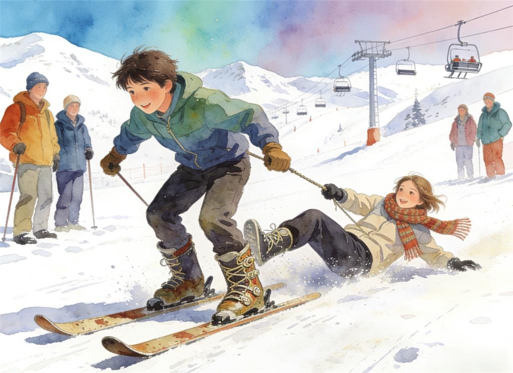 水彩画:穷滑的年轻人把中产滑雪拉下神坛 水彩画高清JPG图片素材