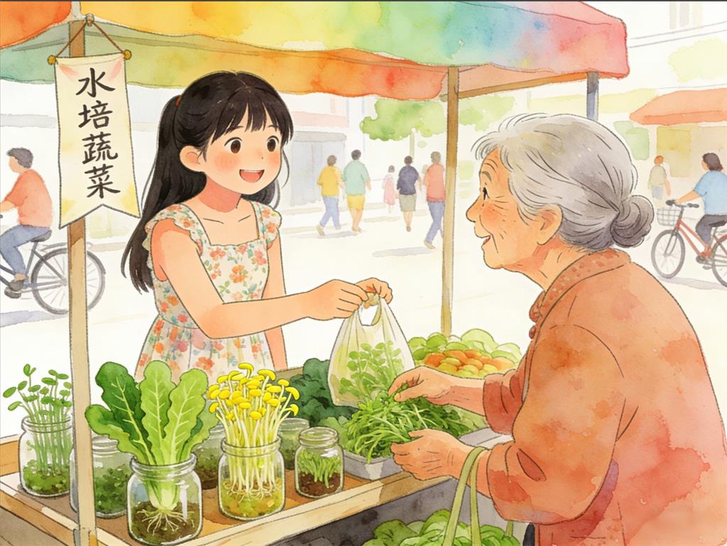 水彩画:00后女生摆摊卖水培蔬菜 水彩画高清JPG图片素材