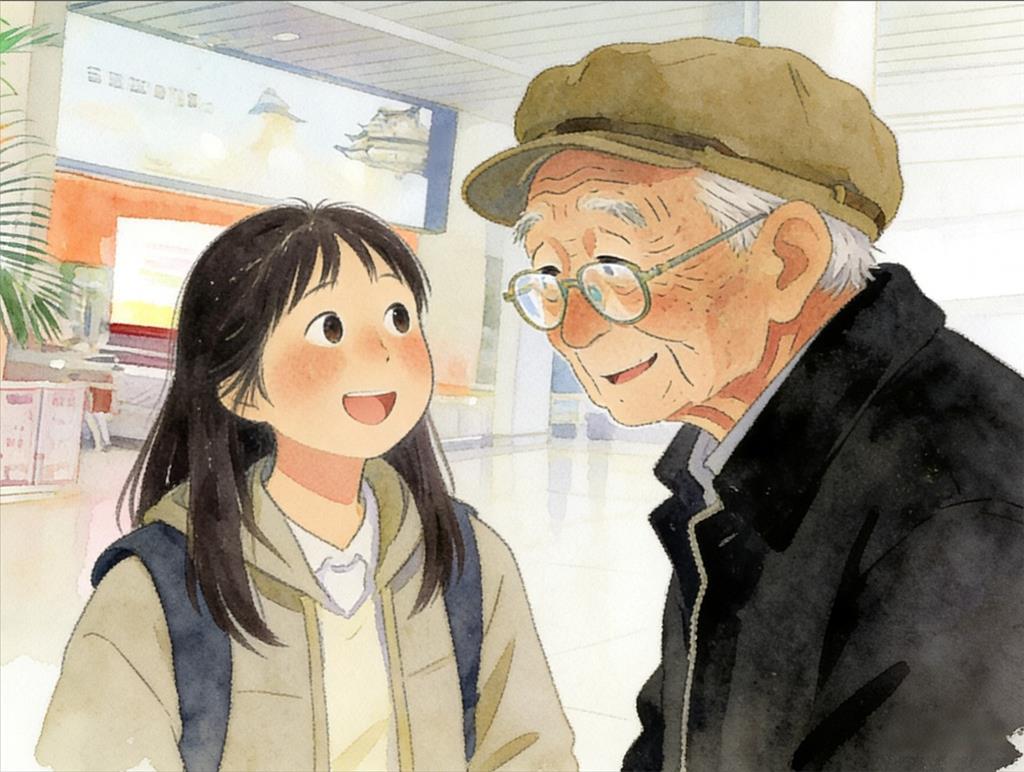 水彩画:88岁爷爷机场接孙女几度认不出 水彩画高清JPG图片素材