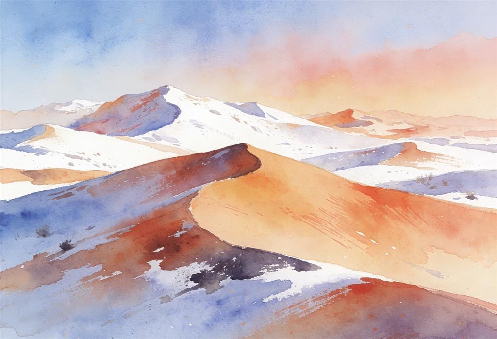 水彩画:敦煌雪景让沙漠一秒变水墨 水彩画高清JPG图片素材