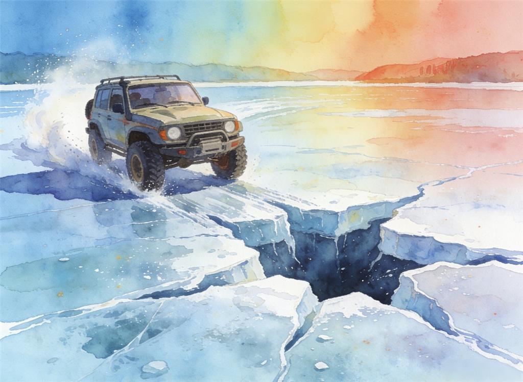 水彩画:越野车水库冰面练漂移 ，冰层突然破裂 水彩画高清JPG图片素材