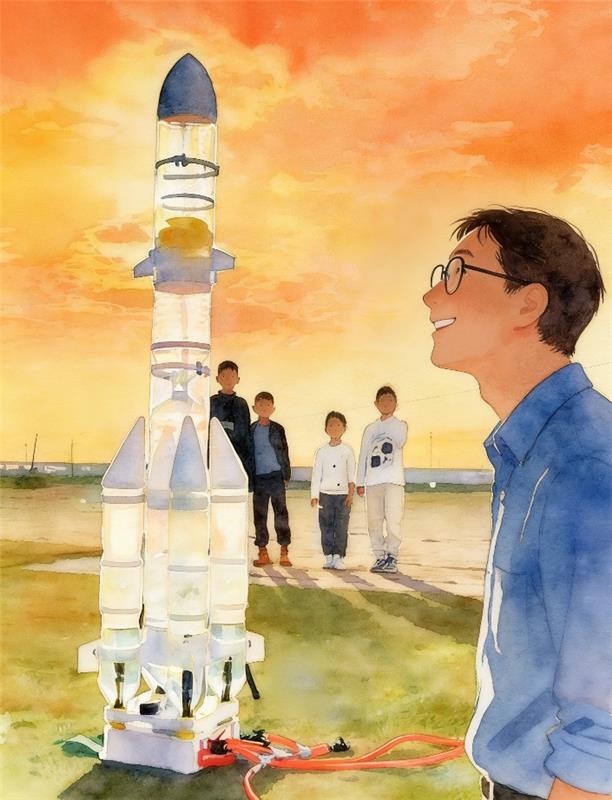 水彩画:科学老师用水桶成功制作水火箭 水彩画高清JPG图片素材