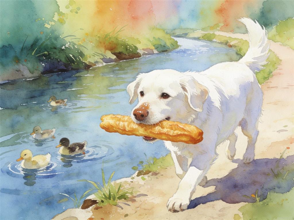 水彩画:狗妈妈叼着油条 跨越五公里投喂幼崽 水彩画高清JPG图片素材