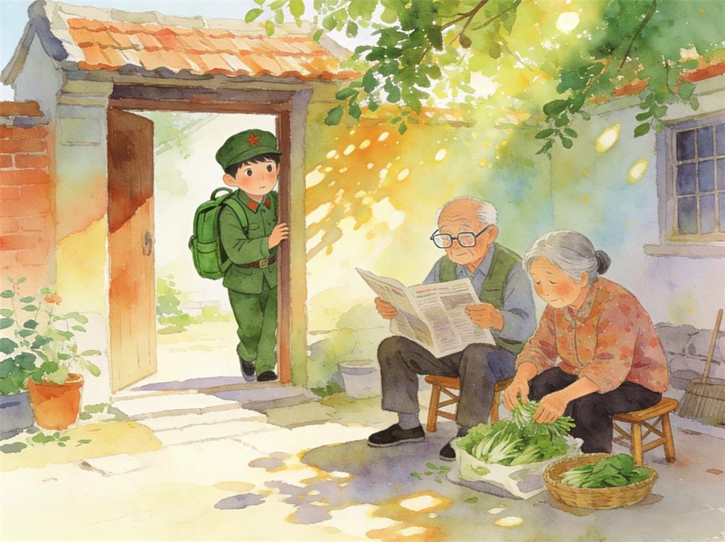 水彩画:放假当兵男生偷偷回家看望爷爷奶奶 水彩画高清JPG图片素材