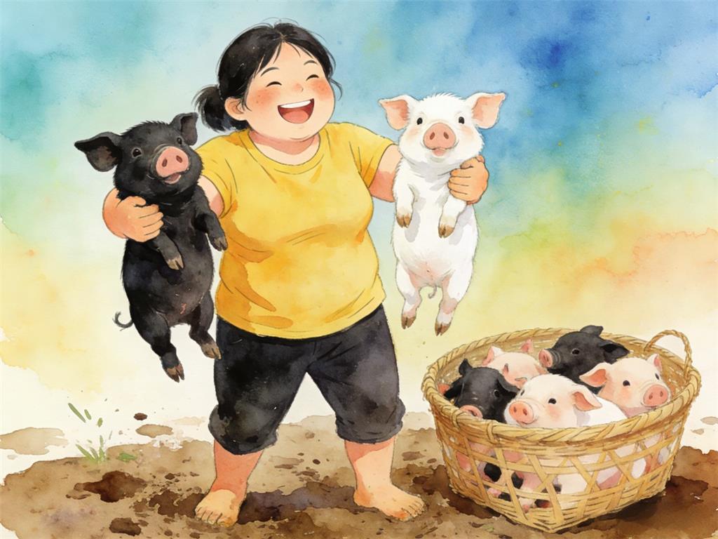 水彩画:女子参加26次抓猪大赛抓到22头猪 水彩画高清JPG图片素材