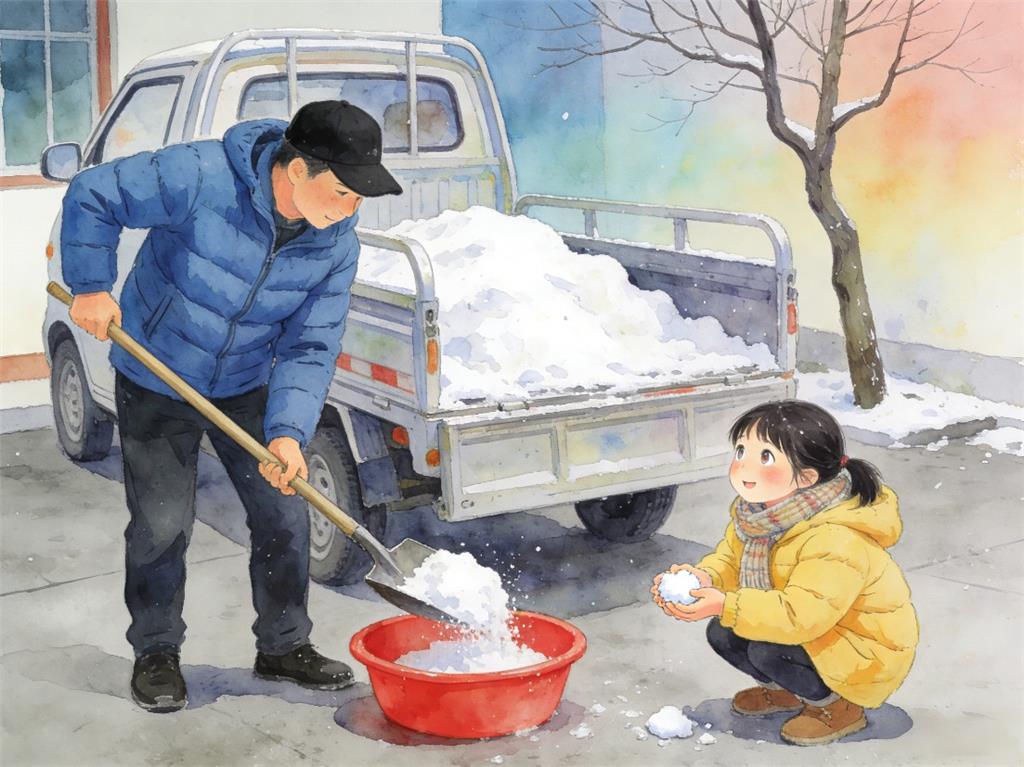 水彩画:杭州爸爸打包一车雪回家送女儿 水彩画高清JPG图片素材