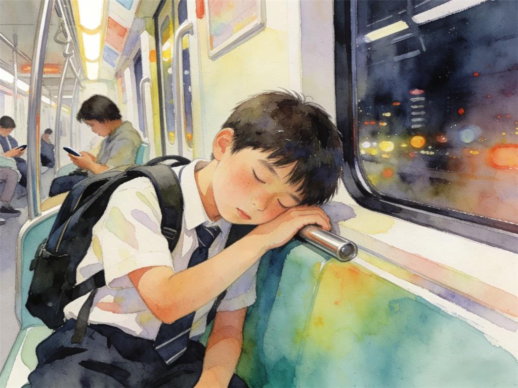 水彩画:小孩哥坐地铁上学睡过23个站 水彩画高清JPG图片素材