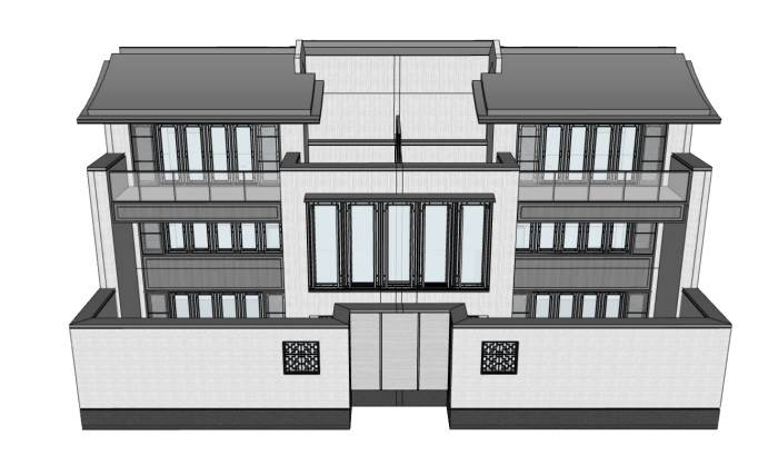 中式联排别墅建筑SU模型 SU模型免费下载_sketchup模型