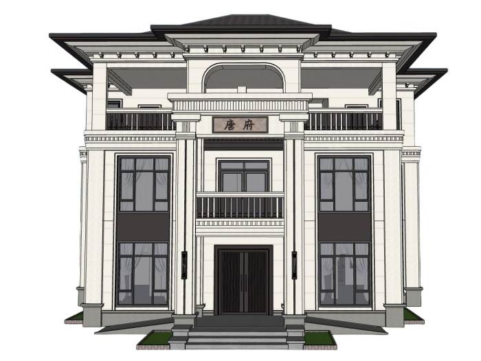 中式独栋别墅建筑SU模型 SU模型免费下载_sketchup模型