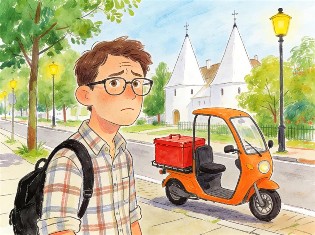 水彩画:男子瑞典偶遇电动三蹦子以为回村了 水彩画高清JPG图片素材