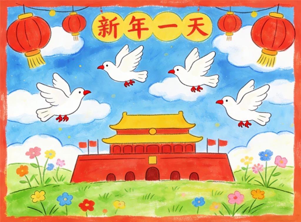 水彩画:新年第1天放飞和平鸽 水彩画高清JPG图片素材