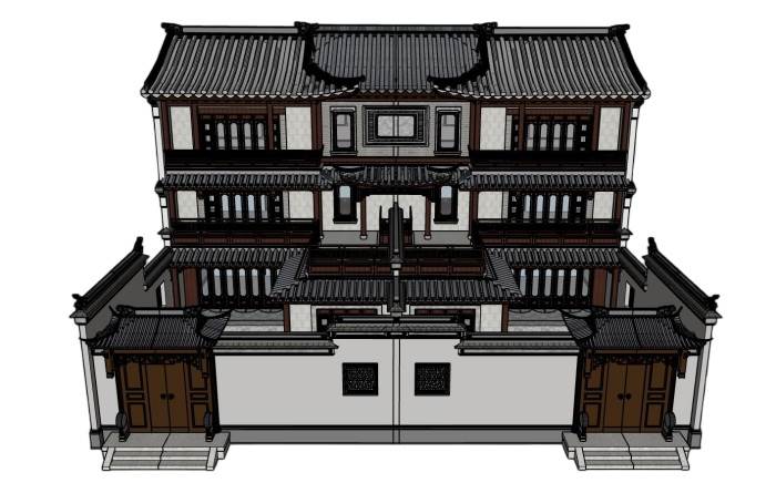 中式双拼别墅宅院建筑SU模型 SU模型免费下载_sketchup模型
