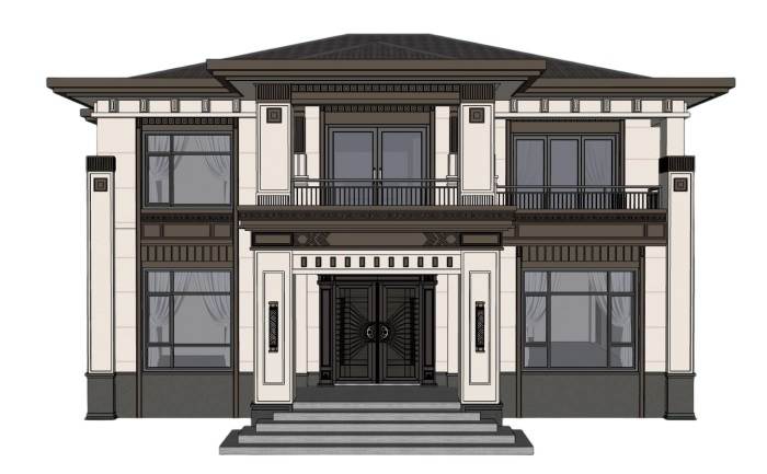 新中式风格别墅建筑SU模型 SU模型免费下载_sketchup模型
