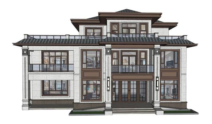 新中式别墅结构住宅建筑SU模型 SU模型免费下载_sketchup模型