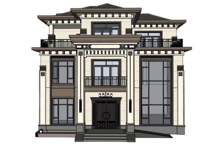 新中式独栋住宅别墅建筑SU模型 SU模型免费下载_sketchup模型