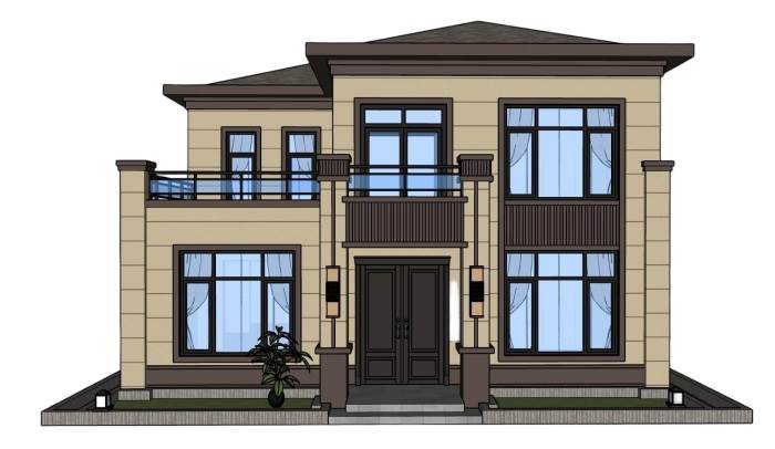 新中式两层别墅建筑SU模型 SU模型免费下载_sketchup模型
