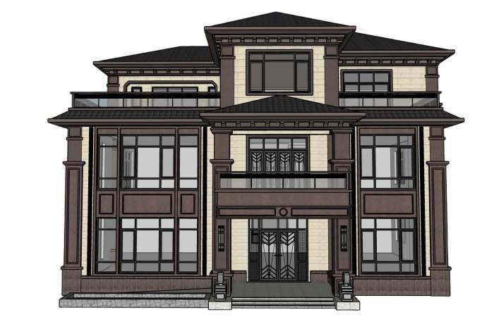 新中式别墅三层住宅建筑SU模型 SU模型免费下载_sketchup模型
