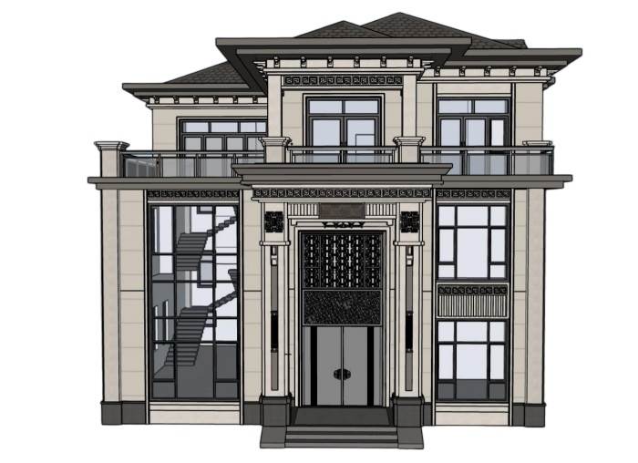 新中式独栋住宅房子建筑SU模型 SU模型免费下载_sketchup模型