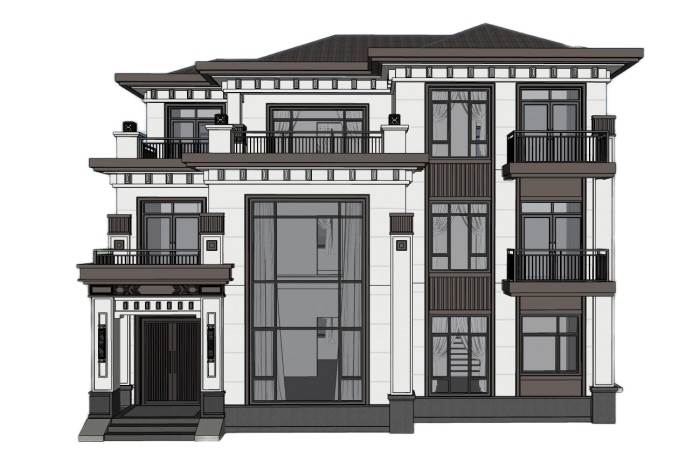 新中式别墅独栋住宅建筑SU模型 SU模型免费下载_sketchup模型