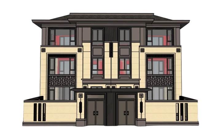 中式双拼别墅住宅建筑SU模型 SU模型免费下载_sketchup模型