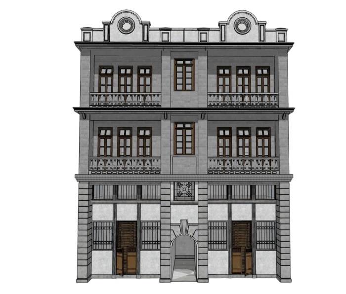 中式岭南风民国骑楼建筑SU模型 SU模型免费下载_sketchup模型