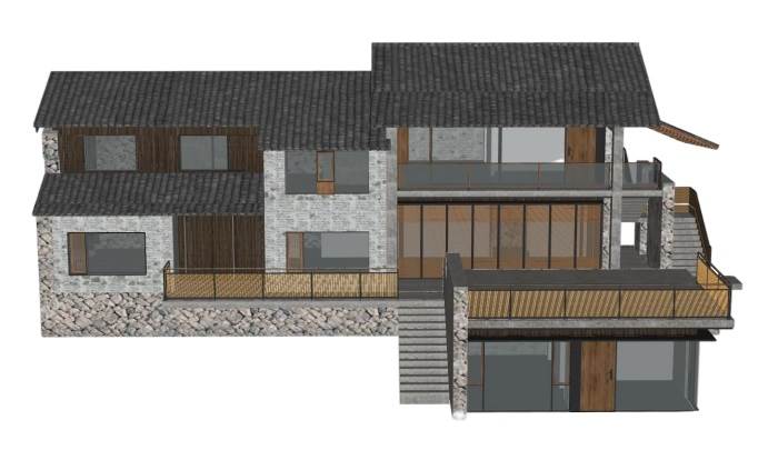 中式乡村民宿建筑建筑SU模型 SU模型免费下载_sketchup模型