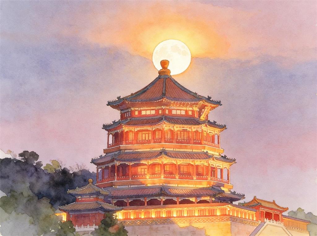 水彩画:超级月亮与颐和园西堤的浪漫同框 水彩画高清JPG图片素材