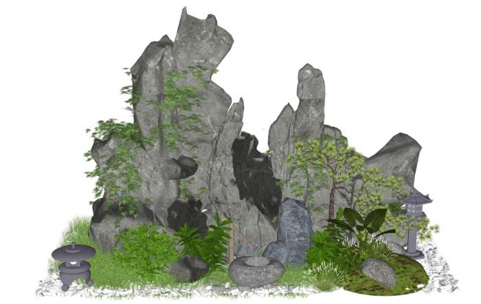日式枯山水庭院假山石头景观SU模型 SU模型免费下载_sketchup模型